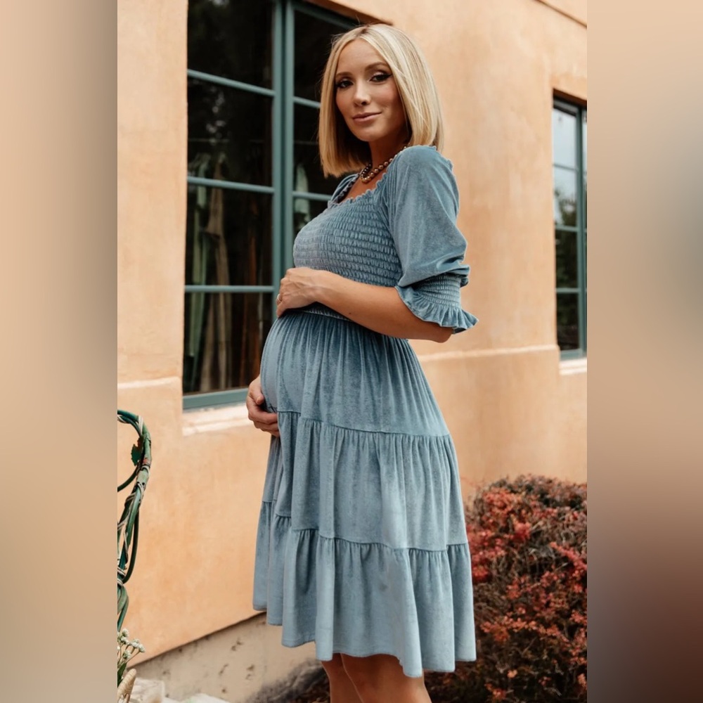 3XL BALTIC BORN - Bliss Smocked Velvet Short Dress | Dusty Blue